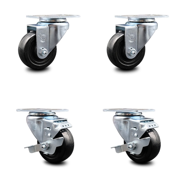 3.5 Inch Hard Rubber Wheel Swivel Top Plate Caster Set with 2 Brakes SCC